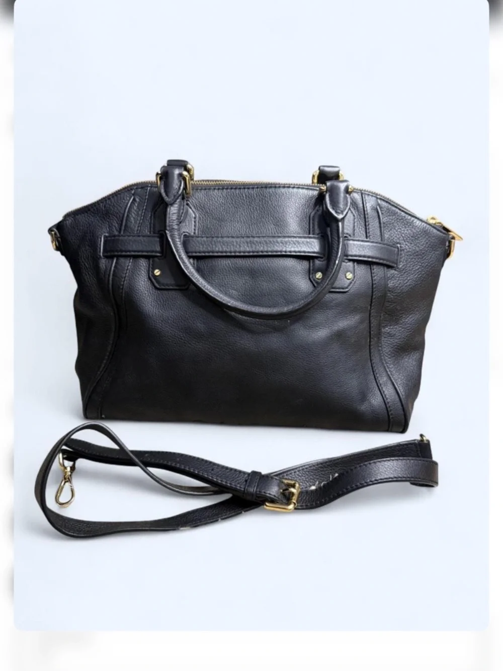 Michael Kors Black Hudson Belted Leather Satchel with Gold-Tone MK‎ Emblem